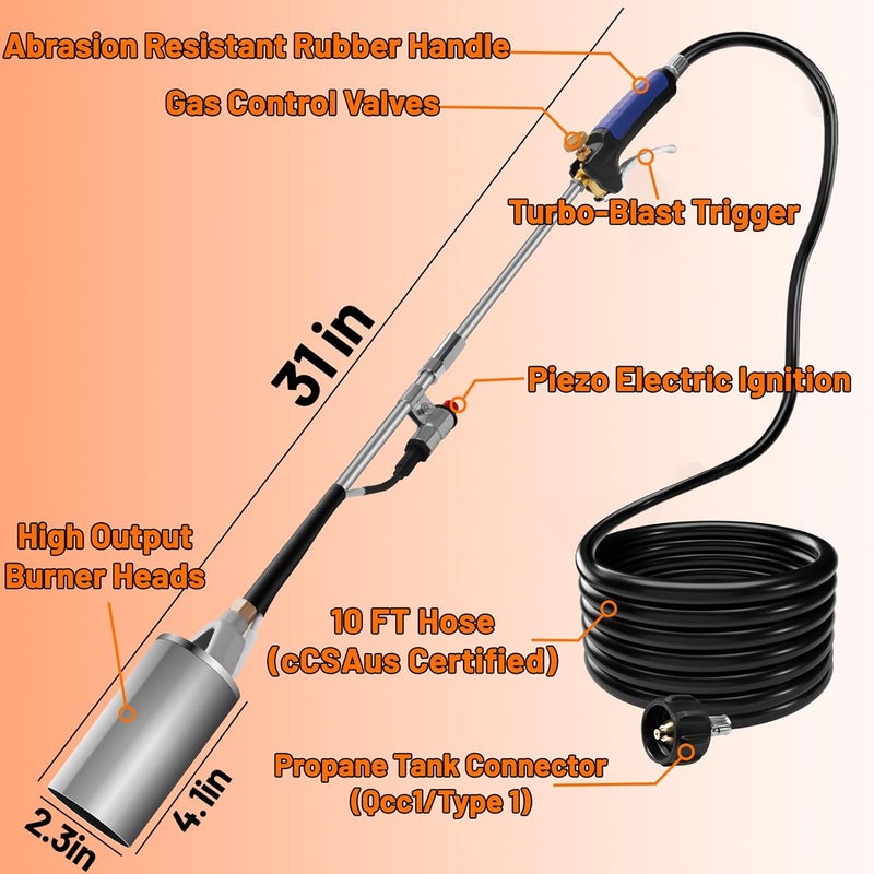 Fiulensyi Propane Torch Weed Burner Kit,High Output,Heavy Duty Blow Torch Flamethrower with 10FT Hose for Weeding,Roof Asphalt,lce Snow,Road Marking,Charcoal - Image 2
